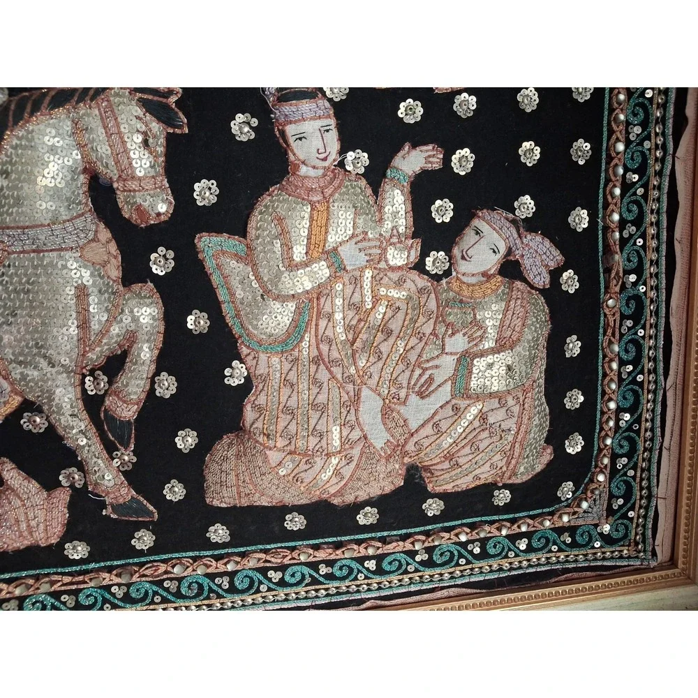 Vintage Thai Burma Myanmar Kalaga Tapestry Ramayana - Koi  Sequins